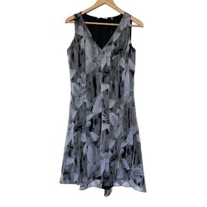 T Tahari A-Line Dress Womens S Black Keira Abstract Floral Striped‎ V-Neck Lined